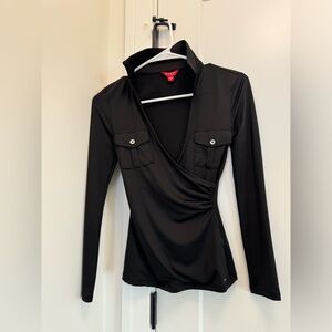 Guess Black Fitted Faux Wrap Top with Collar and Pockets